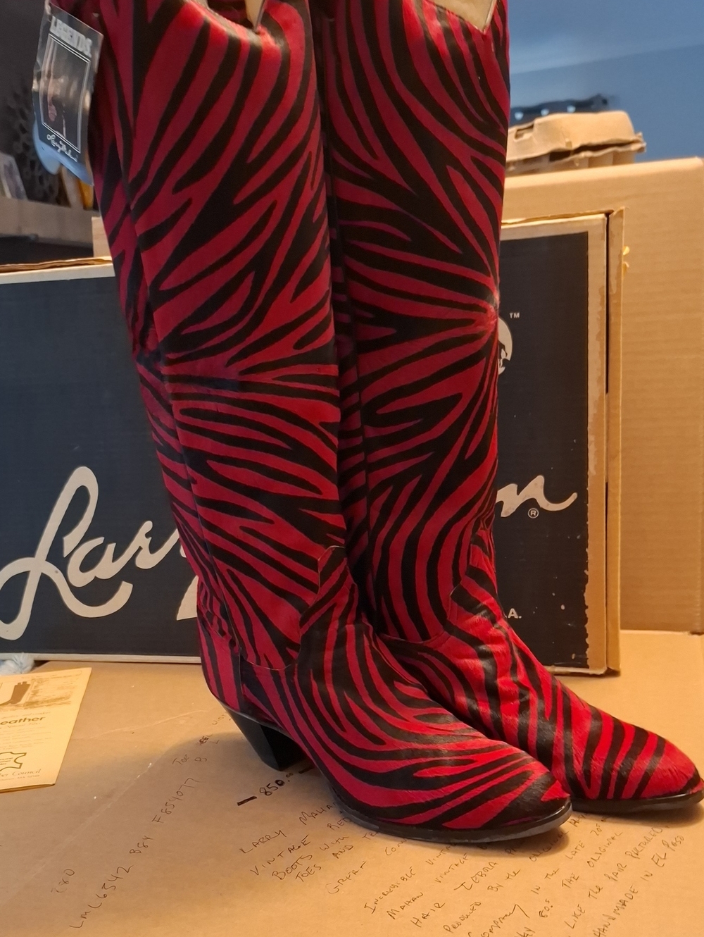 Larry Mahan Vintage Exotic Boots In Red And Black Calf Hair Zebra Print